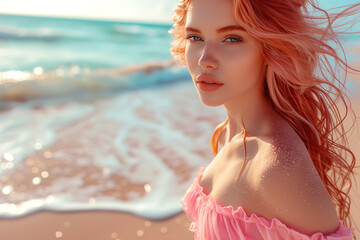 A woman with long red hair stands on a beach, wearing a pink dress. She has a beautiful smile and is looking out at the ocean. The scene is peaceful and serene