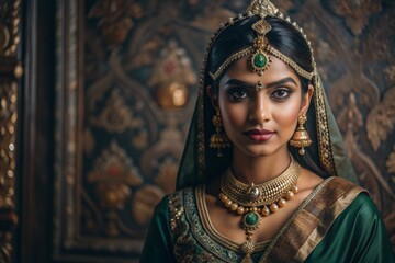 A beautiful Indian girl in a traditional Indian national costume, sari. Against the background of elephants. The portrait symbolizes the traditions, culture and beauty of the people of India.
