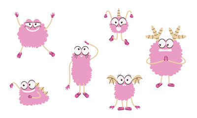 Set of different pink monsters. Funny Halloween characters.
