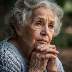 Elderly woman cared. Peaceful and spiritual moment reflecting deep contemplation.

