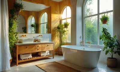 Fototapeta premium luxurious bathroom features freestanding bathtub, wooden vanity with two sinks, and large windows with green