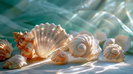 Obraz premium Beautiful Seashells Displayed on Sandy Surface With Soft Sunlight