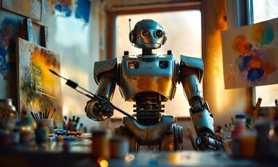 Fototapeta premium robot with paintbrush stands in cluttered art studio, surrounded by paint bottles and brushes, with window