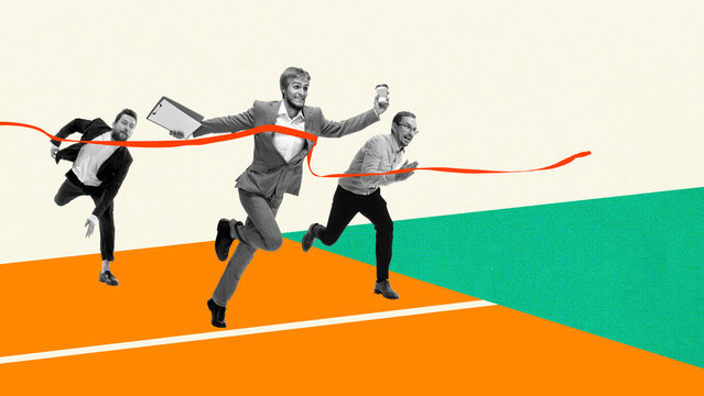 Three business people, employees running on abstract track, symbolizing professional competition, promotion and challenges. Contemporary art collage. Concept of business, achievement, success - Powered by Adobe