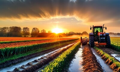 tractor plows field orange crops under vibrant sunset sky, with line trees in the distance.