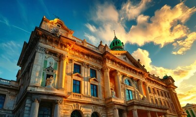 grand, ornate building with green dome and intricate architectural details stands against vibrant sunset sky,
