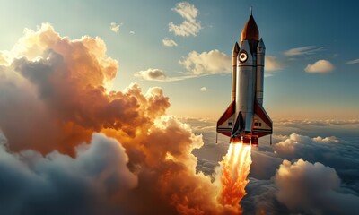 white and red rocket soars through the sky, leaving trail orange and yellow smoke as it ascends, with