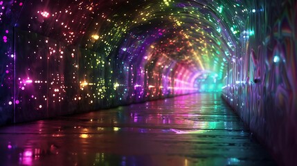 A dark tunnel illuminated by a spectrum of rainbow colors creating a vibrant, surreal atmosphere