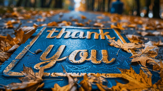 Thank You Sign with Autumn Leaves on Path