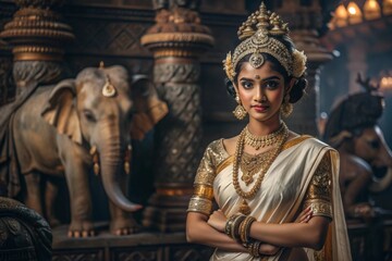 Fototapeta premium A beautiful Indian girl in a traditional Indian national costume, sari. Against the background of elephants. The portrait symbolizes the traditions, culture and beauty of the people of India.