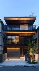 Obraz premium Modern Japanese House with Wood and Black Steel Design