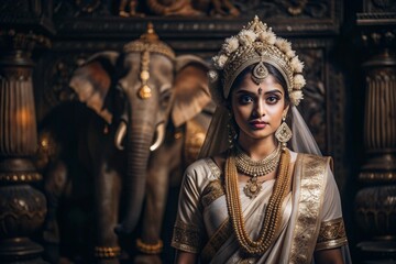 Fototapeta premium A beautiful Indian girl in a traditional Indian national costume, sari. Against the background of elephants. The portrait symbolizes the traditions, culture and beauty of the people of India.
