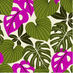 Obraz premium Abstract seamless tropical pattern with bright plants and leaves on a delicate background. Modern abstract design for fabric, paper, interior decor. Seamless exotic pattern with tropical plants.