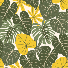 Abstract seamless tropical pattern with bright plants and leaves on pastel background. Modern abstract design for fabric, paper, interior decor. Seamless botanical pattern with plants. 