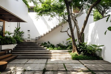 Fototapeta premium Modern Minimalist Garden with Concrete Stairs and Lush Greenery