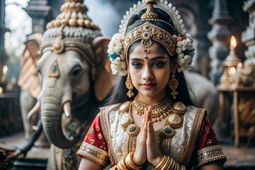 Obraz premium A beautiful Indian girl in a traditional Indian national costume, sari. Against the background of elephants. The portrait symbolizes the traditions, culture and beauty of the people of India.