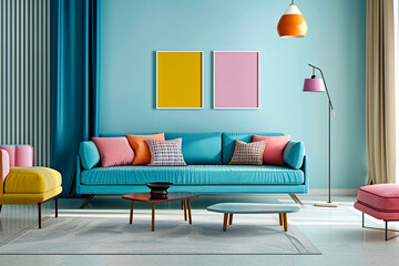 Mid century, scandinavian interior design of modern living room with blue sofa.
