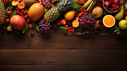 Fototapeta premium Aerial shot of a rustic wooden table with an assortment of tropical fruits
