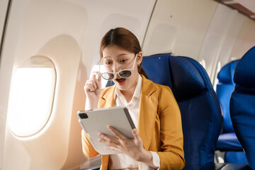 An Asian businesswoman travels abroad by plane, sitting near the window. She reads a book and uses her computer, utilizing her airline credit card to manage travel expenses efficiently.