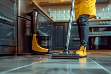 Fototapeta premium Vacuums. Professional Woman Cleaner in Uniform Cleansing Kitchen Floor