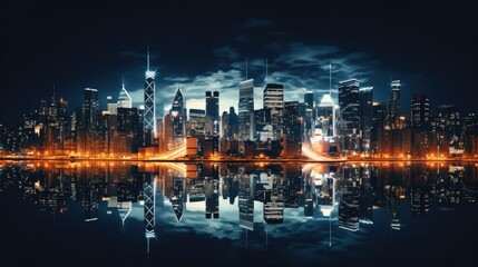 Obraz premium Aerial shot of a symmetrical urban cityscape at night
