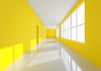 Fototapeta premium Modern Yellow Corridor Interior Design with White Windows