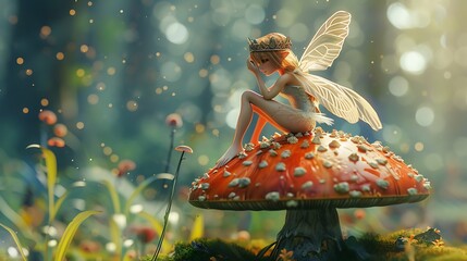 A fairy wearing a crown sits on a mushroom in a forest.