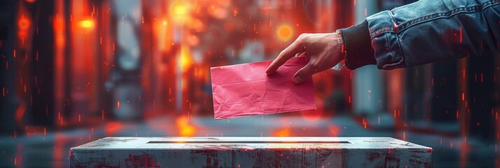 A human hand delicately places a red ballot paper into the ballot box, capturing the essence of political elections in a sleek, flat design concept.