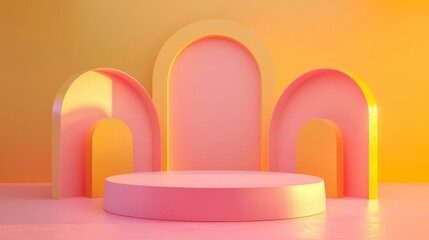This contemporary podium features a stunning gradient from soft pink to vibrant yellow, ideal for impactful presentations, memorable events, or artistic photo shoots that impress viewers