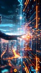Man Connecting with Digital Data Network in Cityscape.