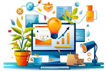 Creative Workplace with Computer, Plant and Light Bulb.