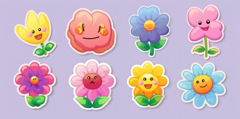 Fototapeta premium Sticker vector picture of cartoon flowers with eyes and smiling faces on a pastel background. Generative ai
