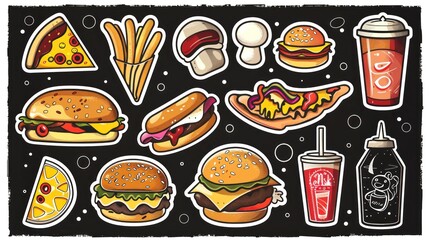 Sticker vector picture of fast food with various items like burgers, fries, and drinks in kawaii style. Generative ai