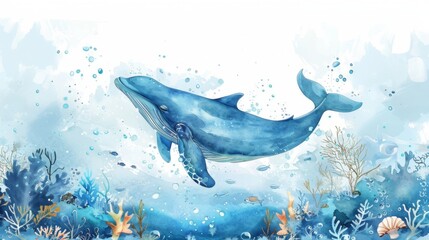 Ocean life ,Underwater world watercolor painting.