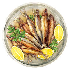 Deep fried anchovies in the plate with lemon and parsley. Watercolor illustration