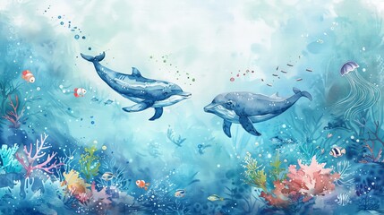 Ocean life ,Underwater world watercolor painting.