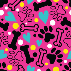 Dog seamless pattern with paws, bones, hearts. Poster, print, post card, table cloth, cloth, shirt, curtain, flannel, foot towel. vector illustration cartoon kawaii cute style.