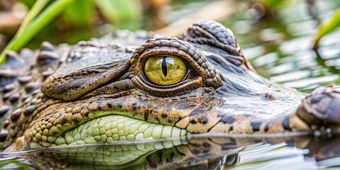 Obraz premium Watchful Predator: Alligator's Piercing Gaze. The reptile's scaly skin and vibrant yellow-green eye with a vertical pupil are in sharp focus, surrounded by lush green vegetation.