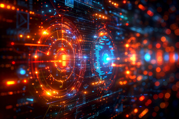 Obraz premium A computer screen with a bright orange and blue circle. The circle is surrounded by a lot of other circles, some of which are also orange and blue. The image gives off a futuristic