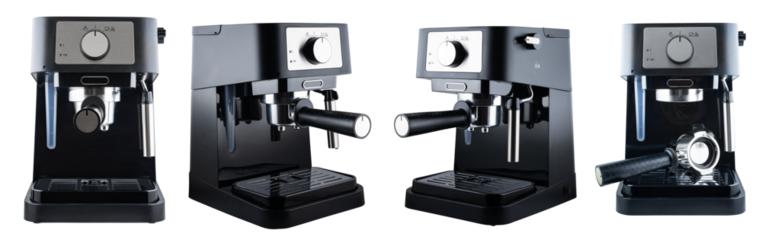 Coffee machine on a white background. Espresso coffee maker close-up isolated on a white background