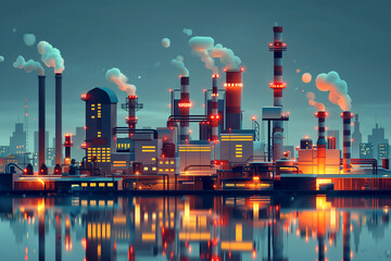 Fototapeta premium A city skyline with a large industrial plant in the middle. The sky is dark and the city is lit up with lights. The industrial plant is emitting smoke, giving the image a sense of pollution