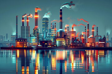 Obraz premium A city skyline with a large industrial area with many factories and a large body of water. The sky is dark and the city is lit up with lights. Scene is industrial and urban