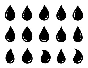 black drops and droplet, blob liquid, falling drop set icons