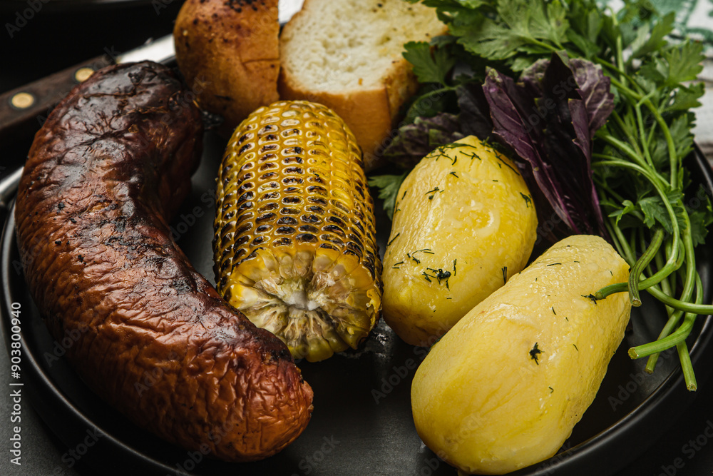 Canvas Prints Grilled food on black background.