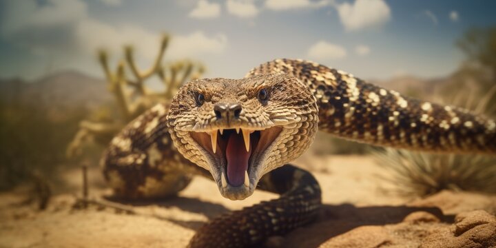 Rattlesnake baring fangs in the desert ready to strike