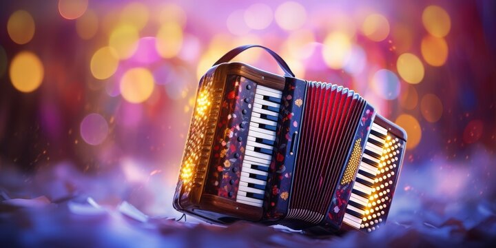 Red and gold accordion on a snowy stage with a blurry background of multicolored lights
