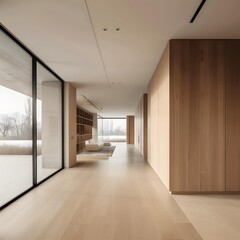 Obraz premium Modern Minimalist Interior Design Hallway With Large Windows And Wooden Walls