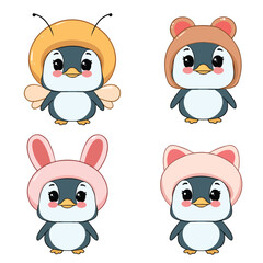 set of funny cartoon animals cute penguin vector illustration