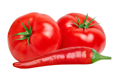 Spicy Chili pepper and tomatoes isolated on white or transparent background. Organic, fresh and natural produce. Ingredients for hot sauce with red chilli peppers and tomatoes