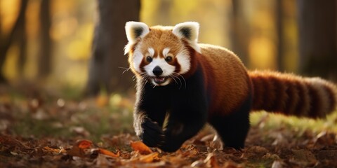 Obraz premium Red panda walking in the forest with a curious expression